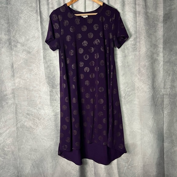 LuLaRoe Carly Purple Polka-Dot w Aztec Design Patterned Short Sleeve Swing Dress - Picture 7 of 12